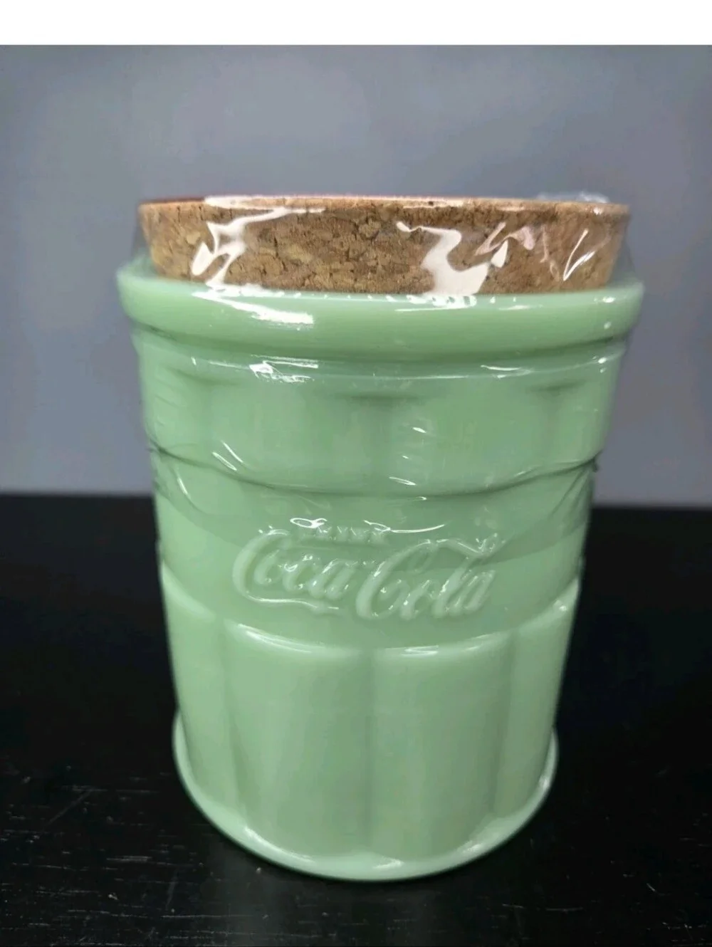 Green Jadeite Coca-Cola Glass Kitchen Canister New/Sealed 24oz w Cork Lid